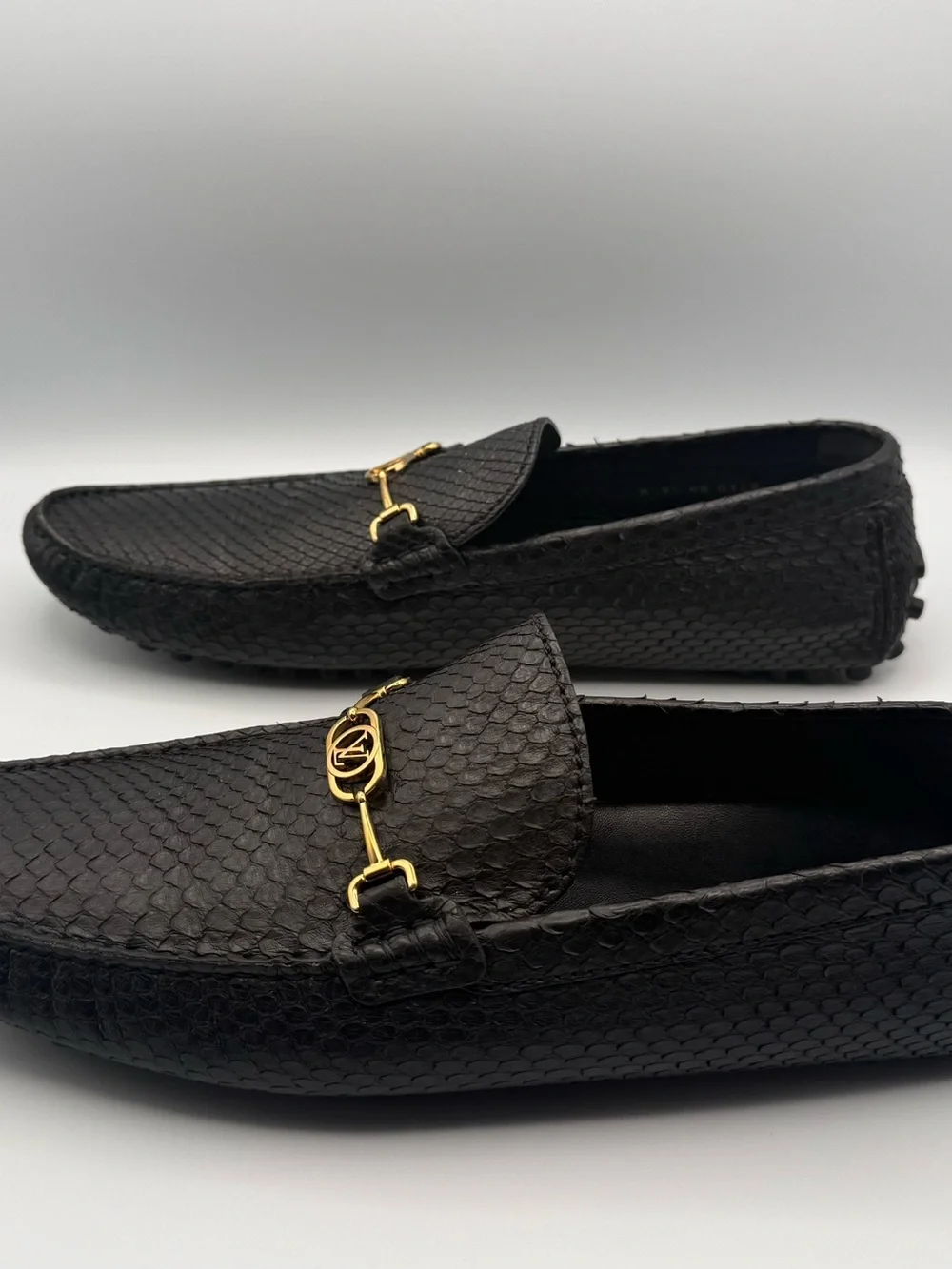 Authentic Louis Vuitton Python Hockenheim Drivers Black Gold Hardware Size 9.5 M